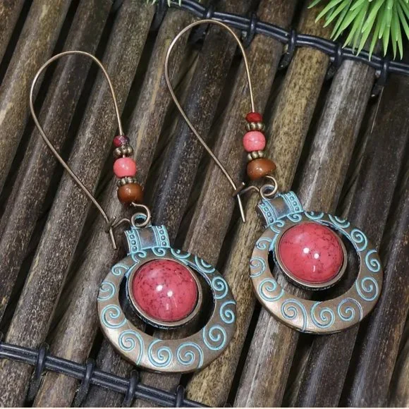 NEW Aberdine Handmade Boho Red and Blue Copper Beaded Drop Earrings - Picture 1 of 5